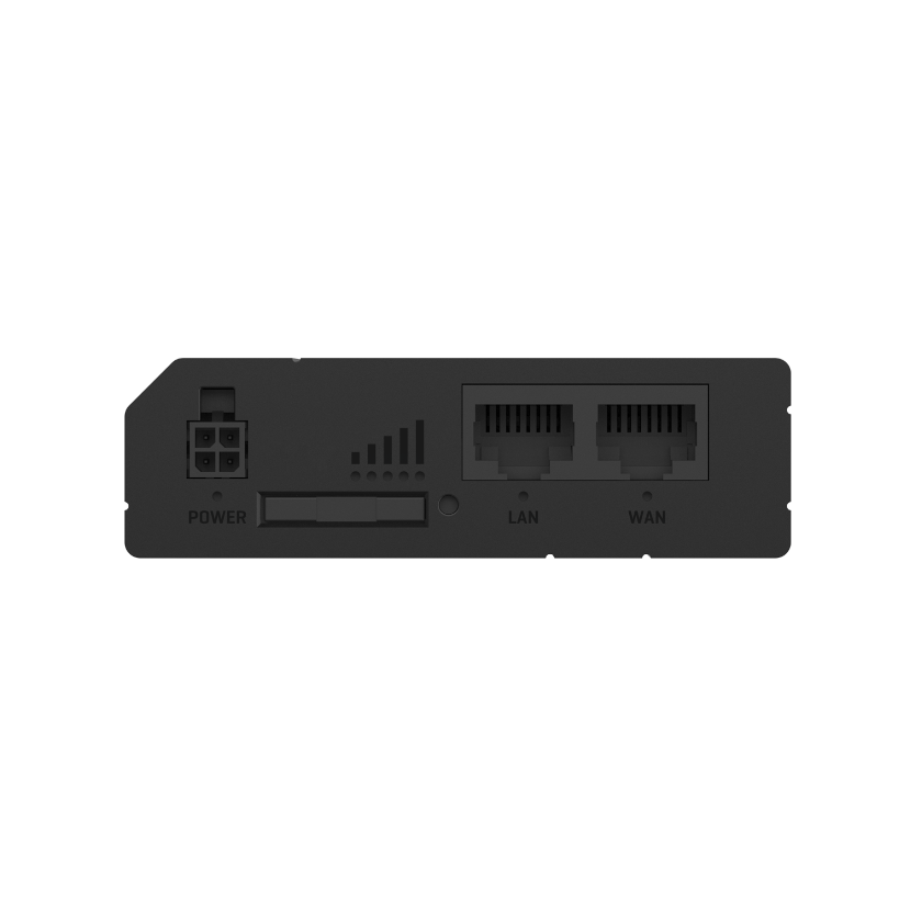 Teltonika RUT200 4G LTE router front view. 4-pin power connector, 1 LAN port and 1 WAN port. Mifi-hotspot.