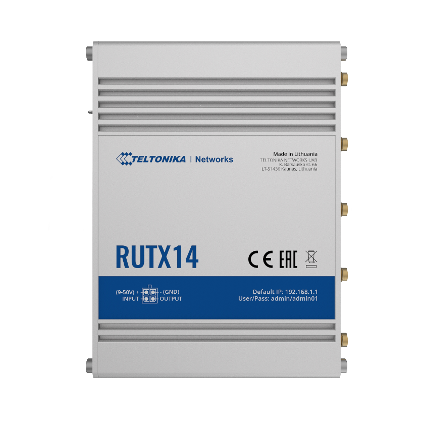 Teltonika RUTX14 M2M CAT 12 router 4G LTE top view.