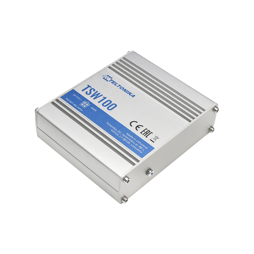 Teltonika industrial unmanaged power over ethernet switch top back view. Mifi-hotspot.