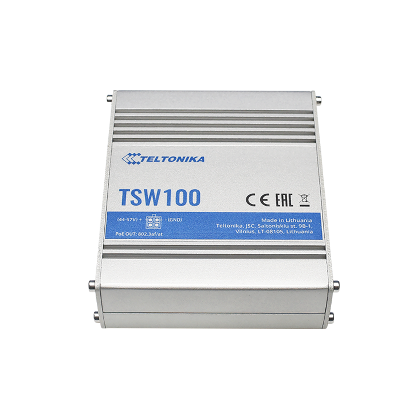 Teltonika industrial unmanaged power over ethernet switch top view. Mifi-hotspot.