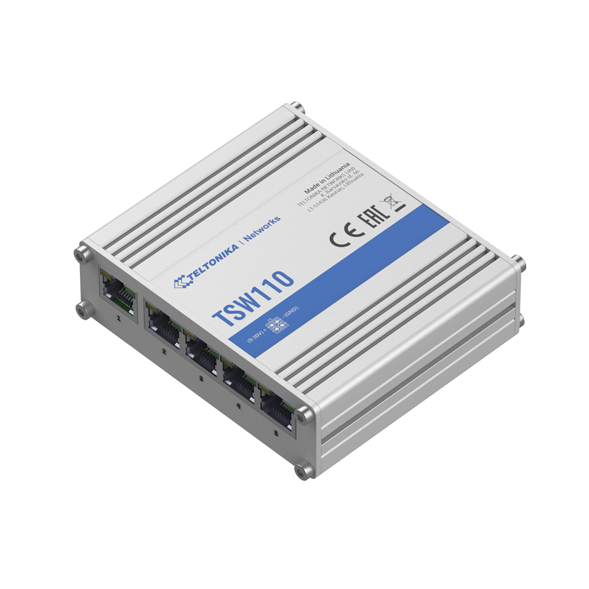 Teltonika TSW110 Industrial Unmanaged switch front top view.