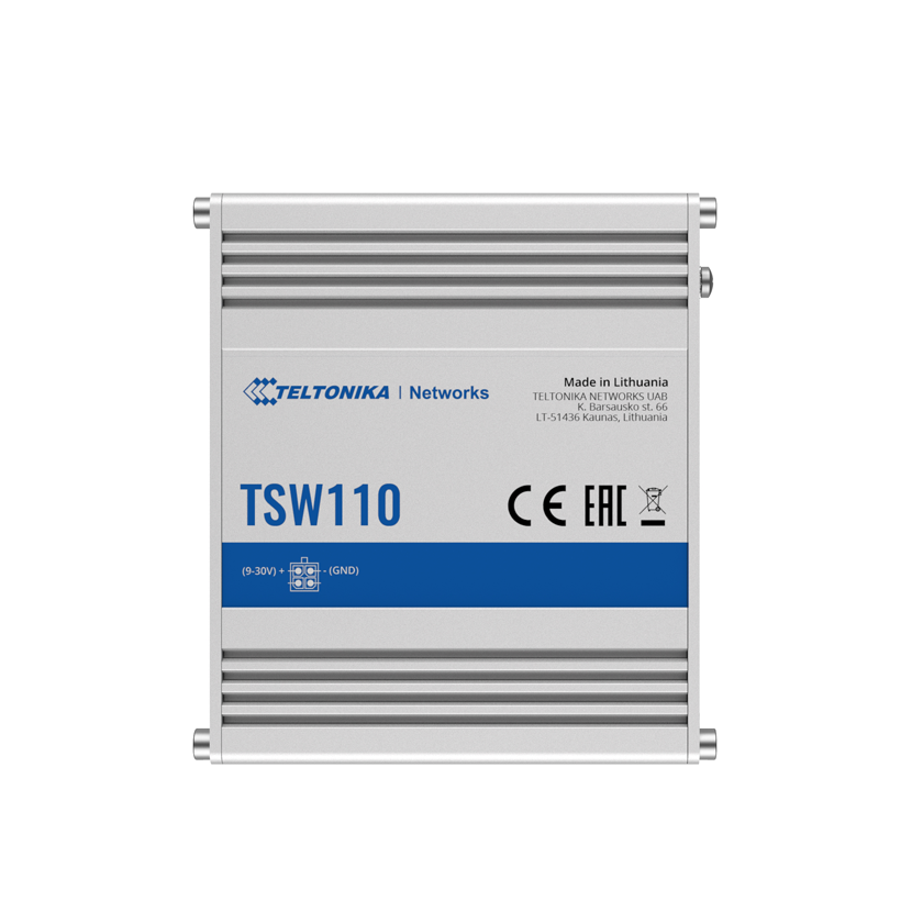 Teltonika TSW110 Industrial Unmanaged switch top view.