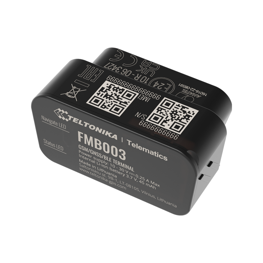 Teltonika FMB003 GPS vehicle tracker top front view. Mifi-hotspot.