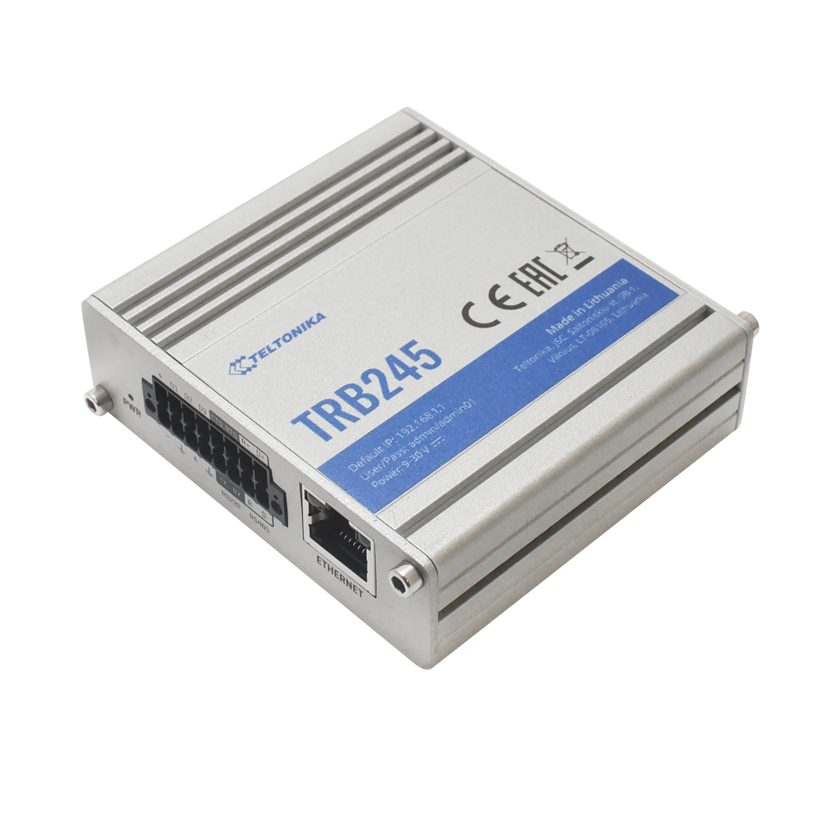 Teltonika TRB245 CAT 4 LTE gateway top front view. RS232, RS485 ports. Mifi-hotspot.