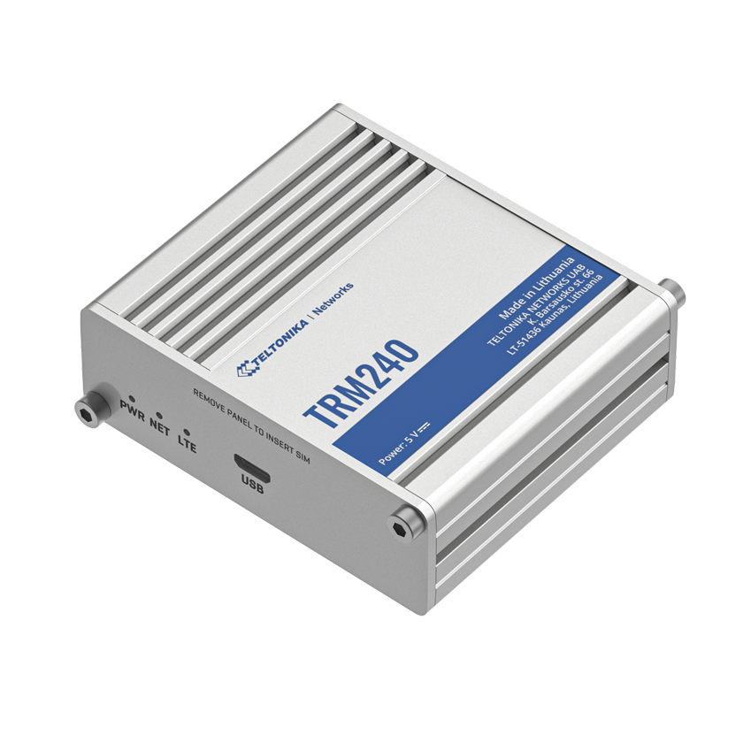 Teltonika TRM240 industrial CAT 1 modem top front view. Mifi-hotspot.