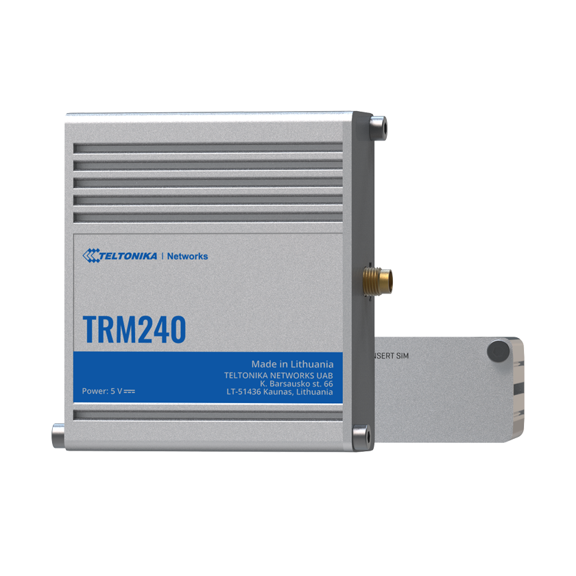 Teltonika TRM240 industrial CAT 1 modem top and side view. Mifi-hotspot.
