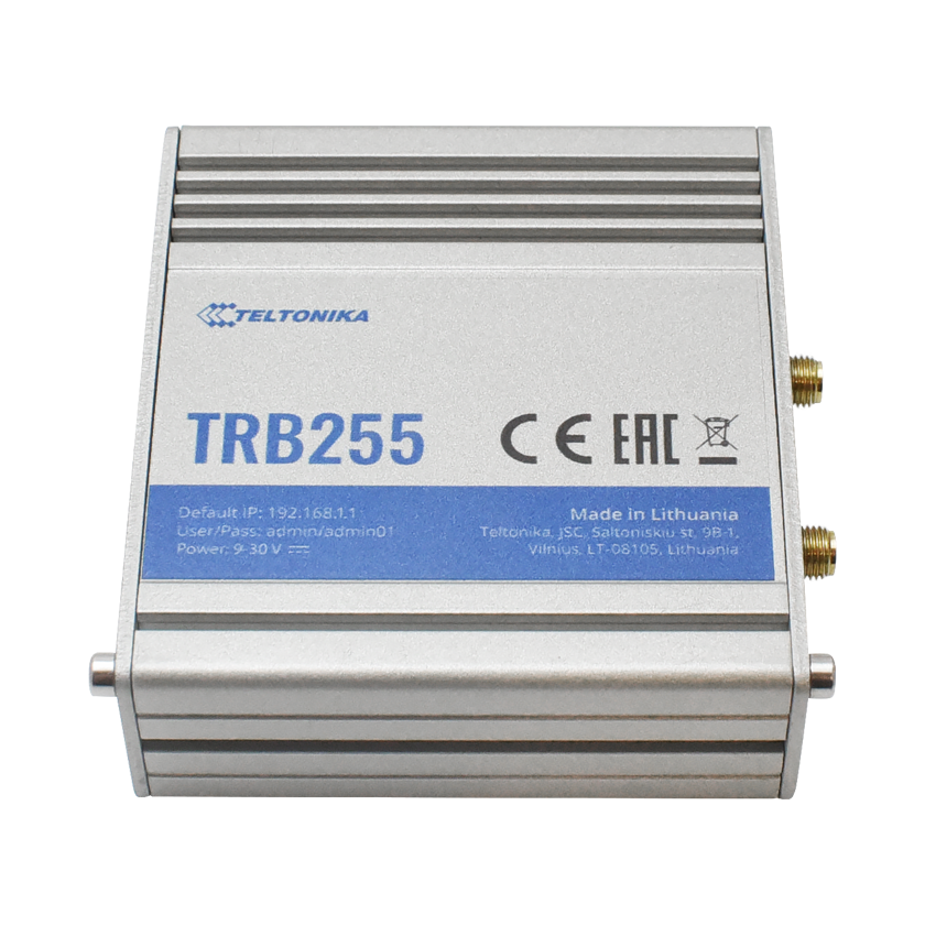 Teltonika TRB255 Industrial M2M LTE CAT 4 Gateway top view. Mifi-hotspot.
