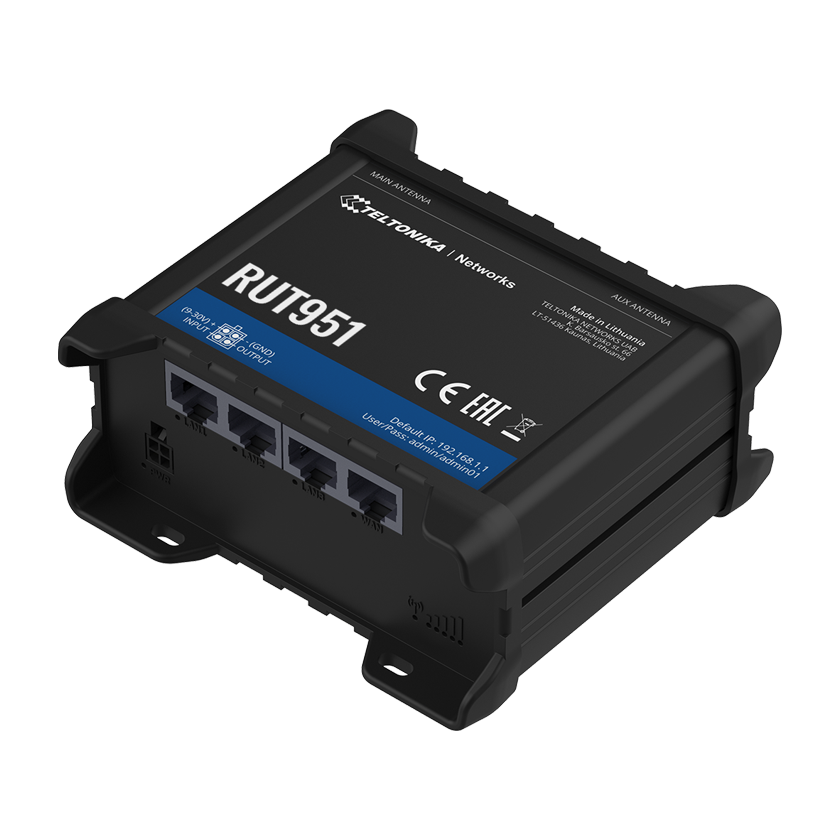 Teltonika RUT951 DUAL SIM M2M router 4G LTE. Front top view.