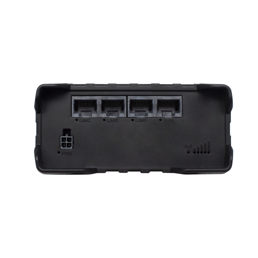 Teltonika RUT951 DUAL SIM M2M router 4G LTE. Front view. 4-Pin power connector, three LAN ports and one WAN port.
