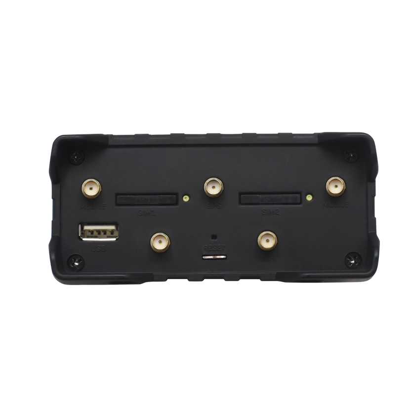 Teltonika RUT956 M2M CAT 4 router 4G LTE back view. USB, DUAL SIM slots, 5 Antenna connectors, 2 for mobile, 2 for Wi-Fi and 1 for GPS.