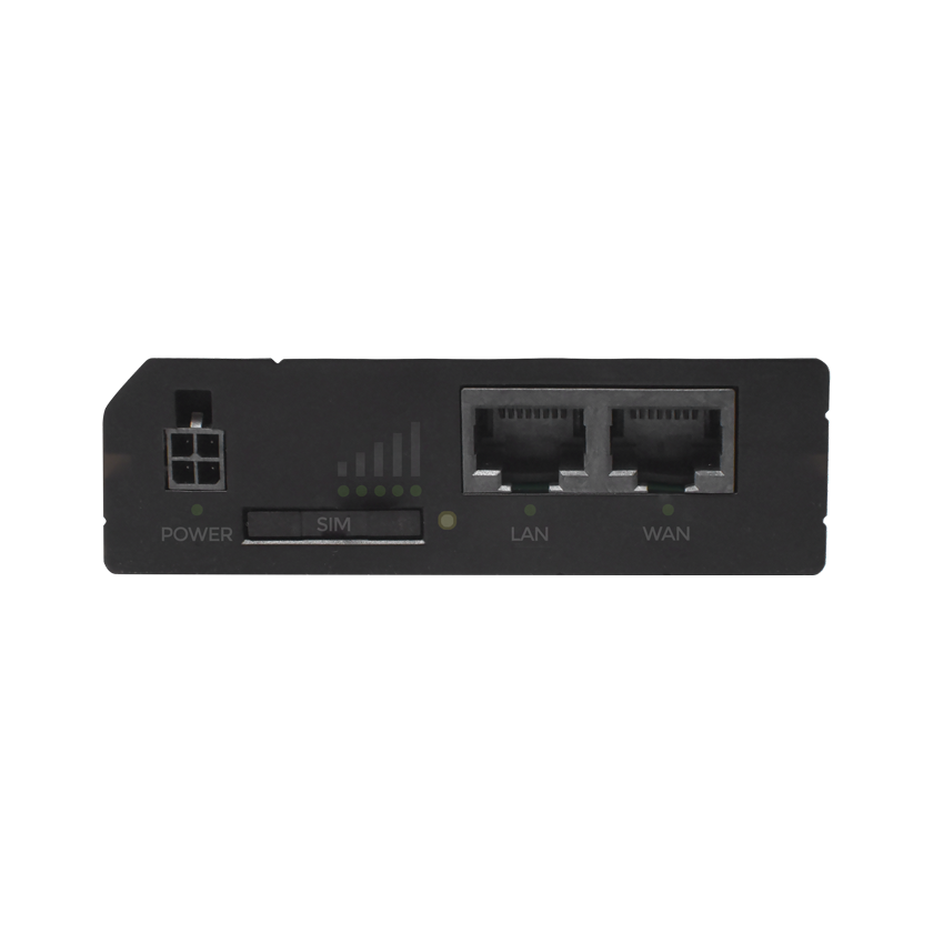 Teltonika RUT241 M2M CAT 4 router 4 G LTE front view. 4-pin Power connector, SIM card slot, one LAN port and one WAN port.