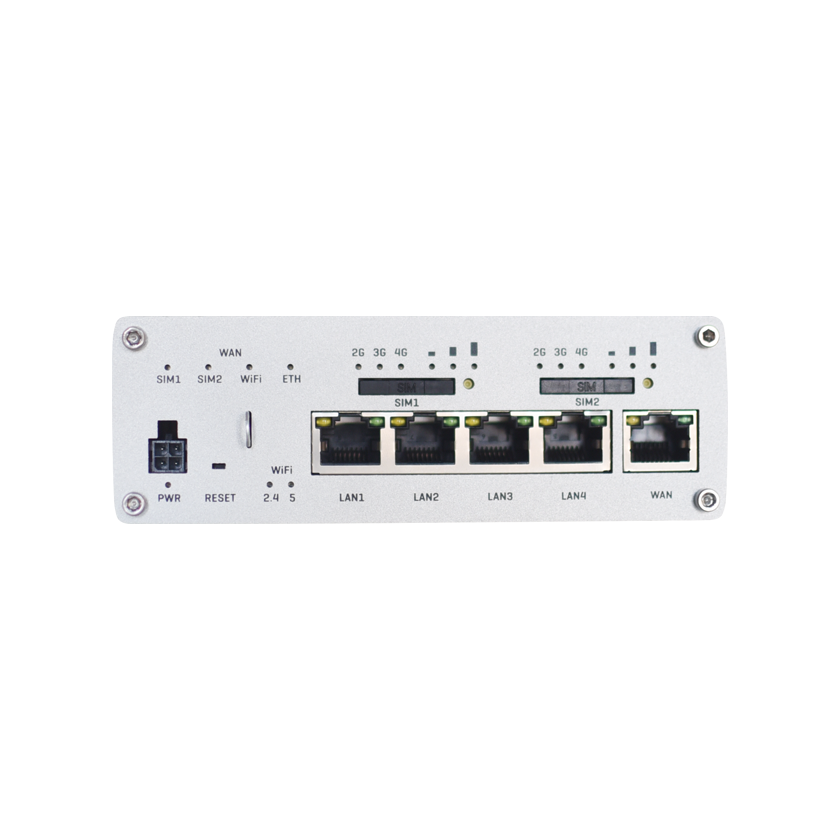 Teltonika RUTX12 DUAL modem CAT 6 M2M router 4G LTE front view. 4-pin Power connector, DUAL SIM, 4 LAN ports and 1 WAN port.
