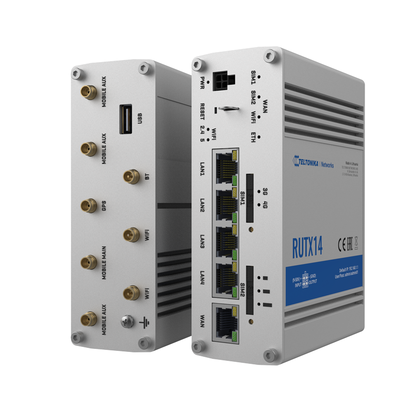 Teltonika RUTX14 M2M CAT 12 router 4G LTE front and back view.