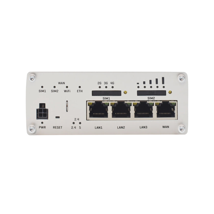 Teltonika RUTX11 M2M CAT 6 router 4G LTE front view. 4-pin Power connector, DUAL SIM, 3 LAN ports and 1 WAN port.