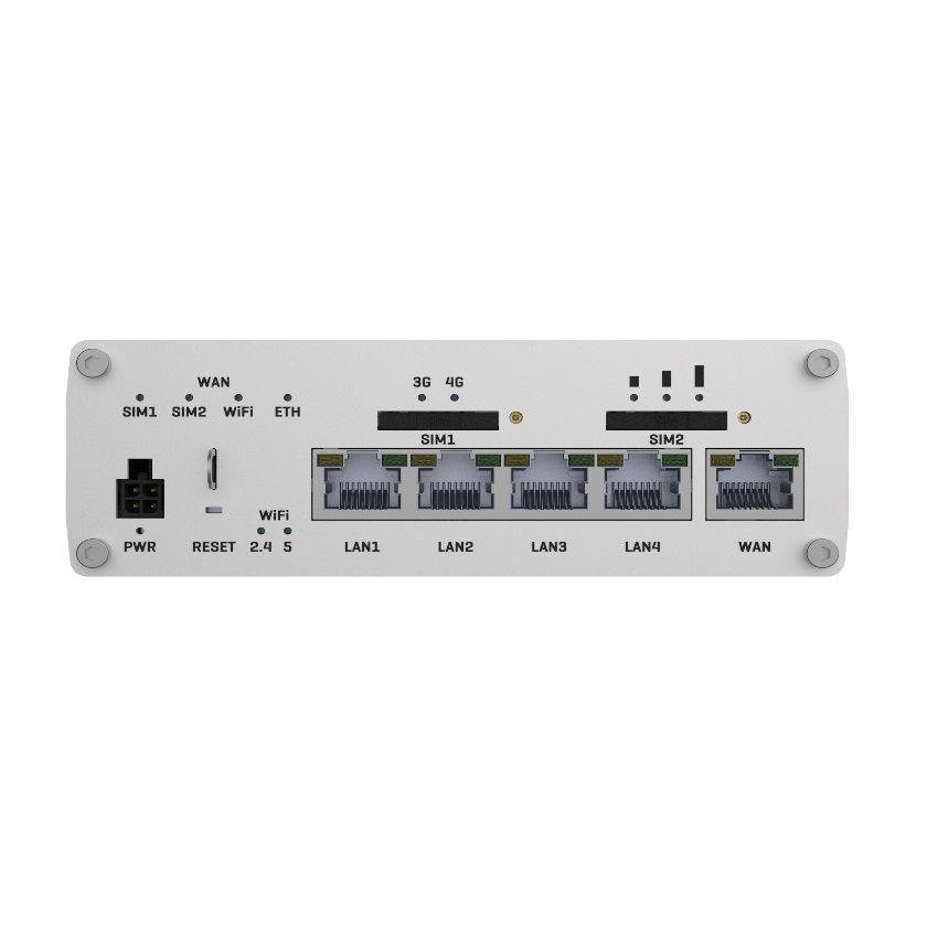 Teltonika RUTX14 M2M CAT 12 router 4G LTE front view. 4-pin Power connector, DUAL SIM, 4 LAN ports and 1 WAN port.