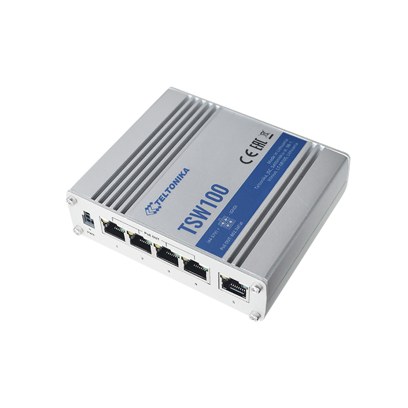Teltonika industrial unmanaged power over ethernet switch top front view. Mifi-hotspot.