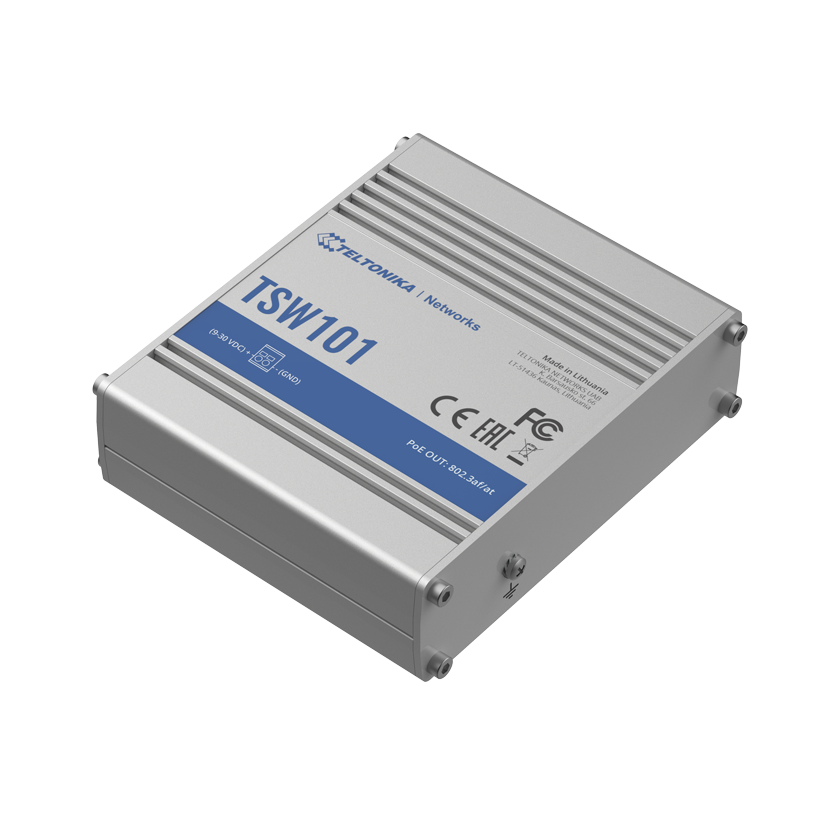 Teltonika TSW101 automotive dedicated unmanaged Power over Ethernet switch back top view.