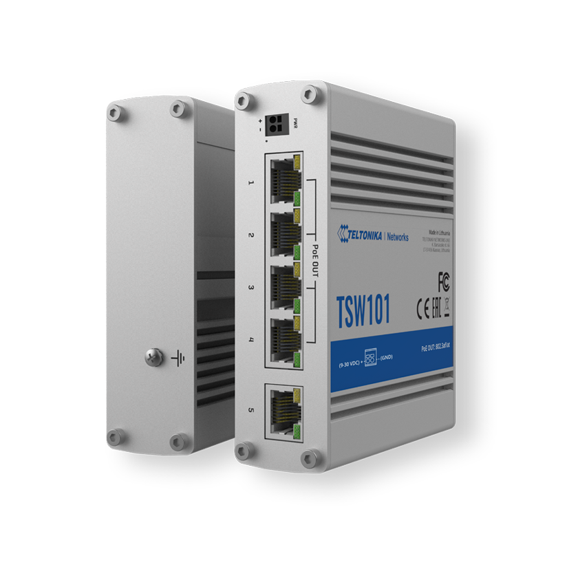 Teltonika TSW101 automotive dedicated unmanaged Power over Ethernet switch front and back view.