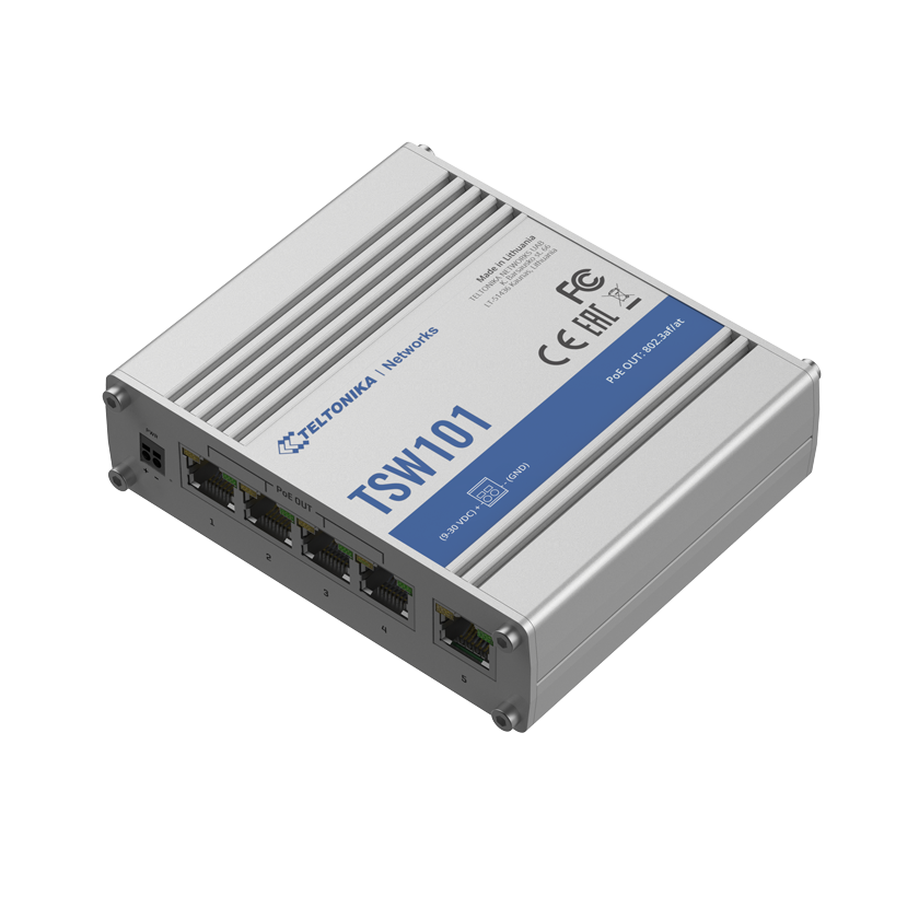 Teltonika TSW101 automotive dedicated unmanaged Power over Ethernet switch front top view.