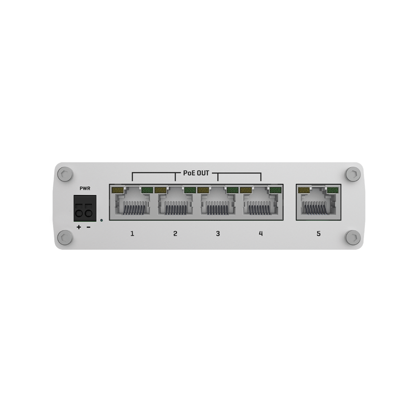 Teltonika TSW101 automotive dedicated unmanaged Power over Ethernet switch front view. Power over Ethernet ports.