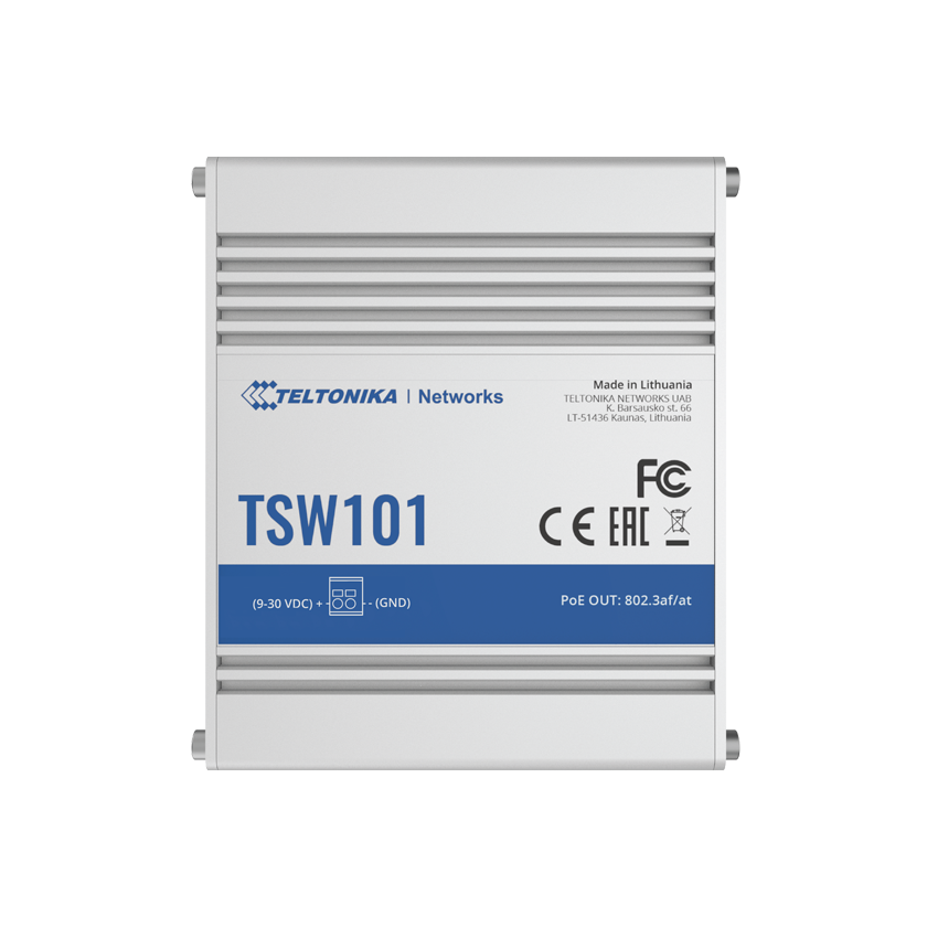 Teltonika TSW101 automotive dedicated unmanaged Power over Ethernet switch top view.