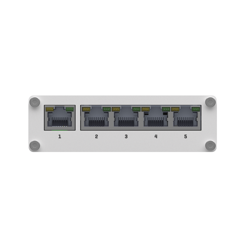 Teltonika TSW110 Industrial Unmanaged switch front view. Ports.