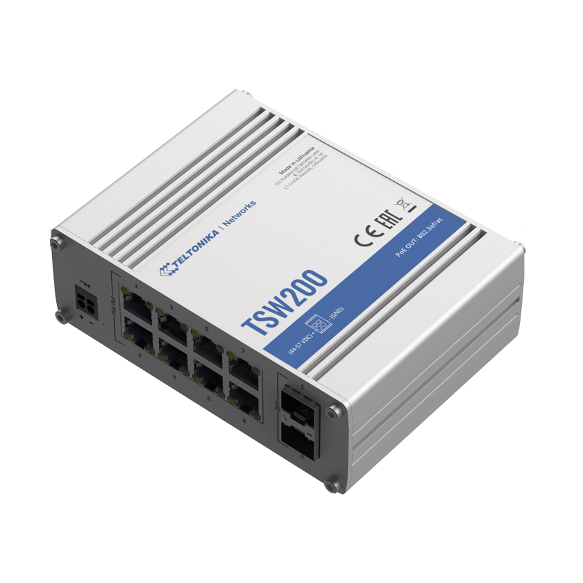Teltonika TSW200 Industrial unmanaged Power of Ethernet Switch front top view.