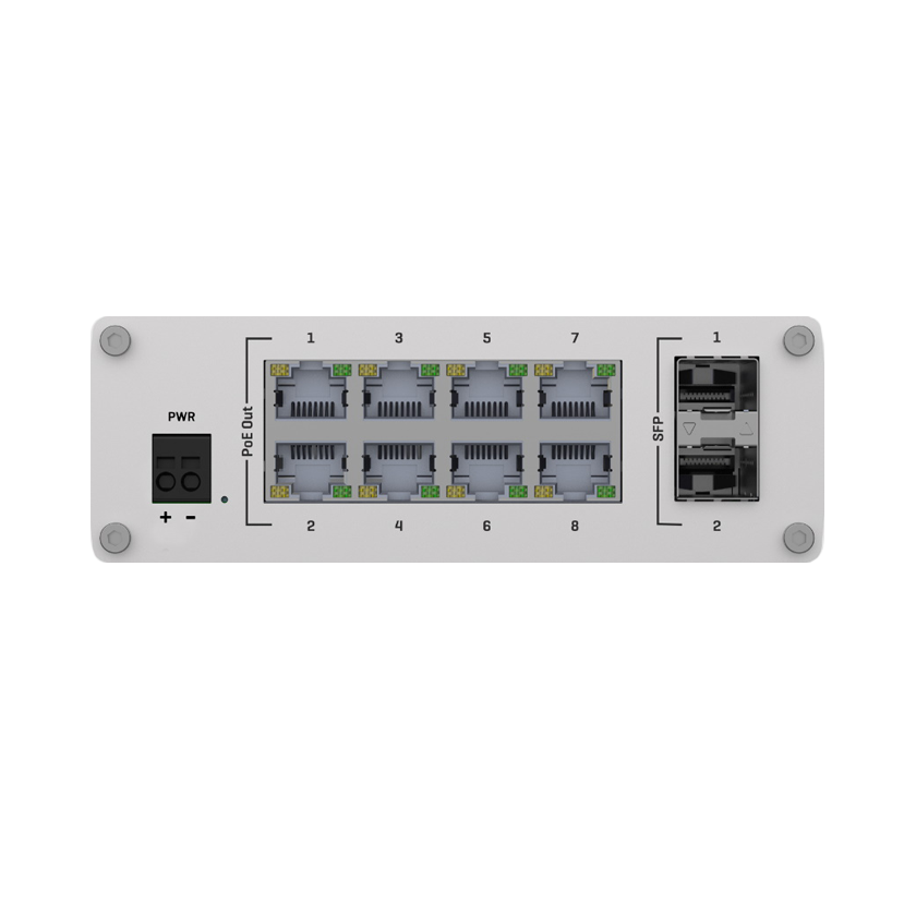 Teltonika TSW200 Industrial unmanaged Power of Ethernet Switch front view. 8 LAN ports and 2 SFP ports..
