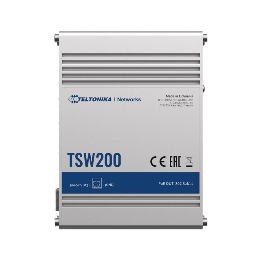 Teltonika TSW200 Industrial unmanaged Power of Ethernet Switch top view.