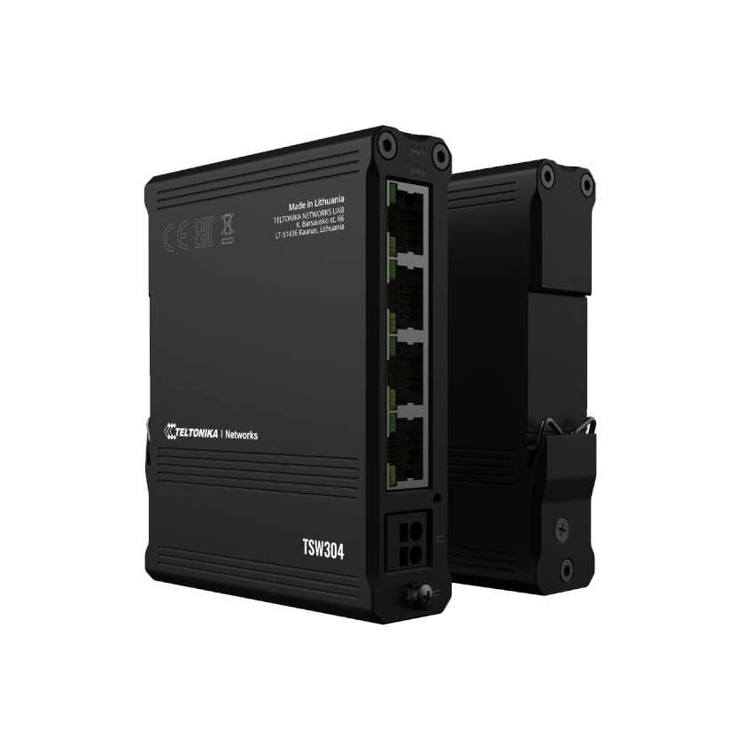 Teltonika TSW304 DIN rail front and back view.