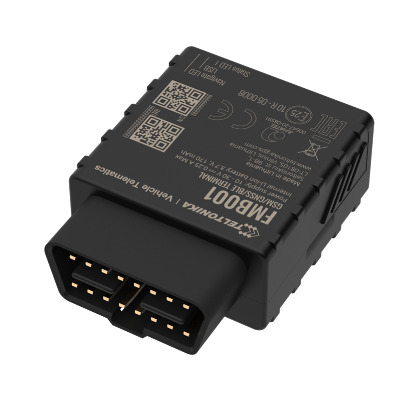 Teltonika FMB001 2G GPS vehicle tracker with OBDII top connector view. Mifi-hotspot.