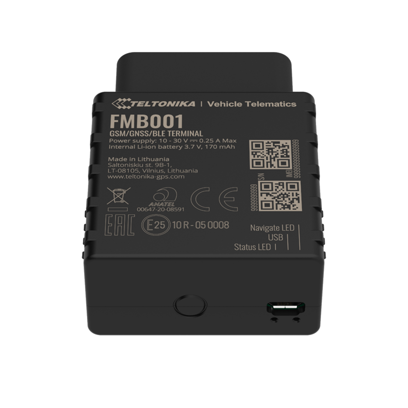 Teltonika FMB001 2G GPS vehicle tracker with OBDII top front. Mifi-hotspot.