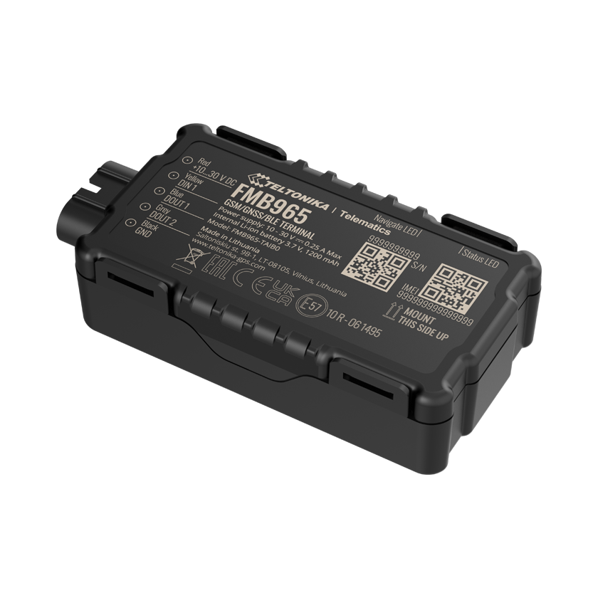 Teltonika FMB965 Waterproof Bluetooth vehicle tracker top front view. Mifi-hotspot