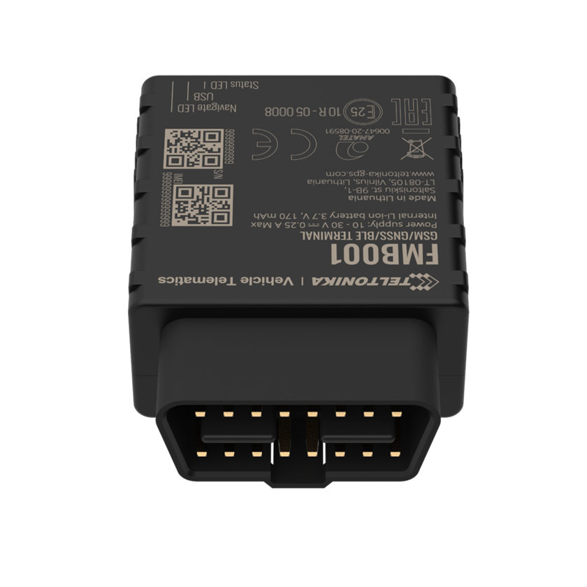 Teltonika FMB001 2G GPS vehicle tracker with OBDII connector view. Mifi-hotspot.