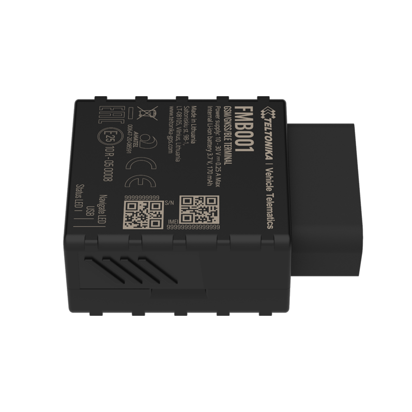 Teltonika FMB001 2G GPS vehicle tracker with OBDII side view. Mifi-hotspot.