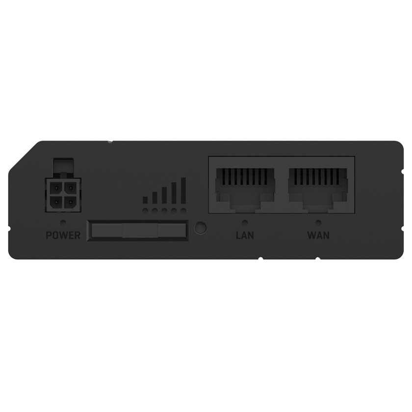 Teltonika RUT260 M2M CAT 6 router 4G LTE front view. 4-pin Power connector, SIM card slot, LAN port and WAN port.