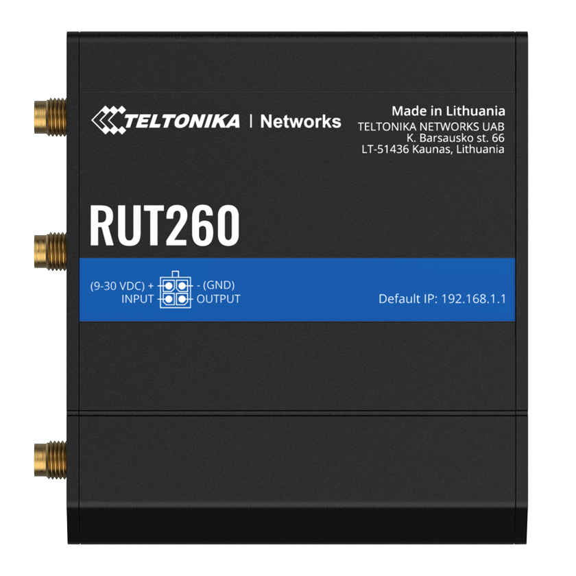 Teltonika RUT260 M2M CAT 6 router 4G LTE top view.