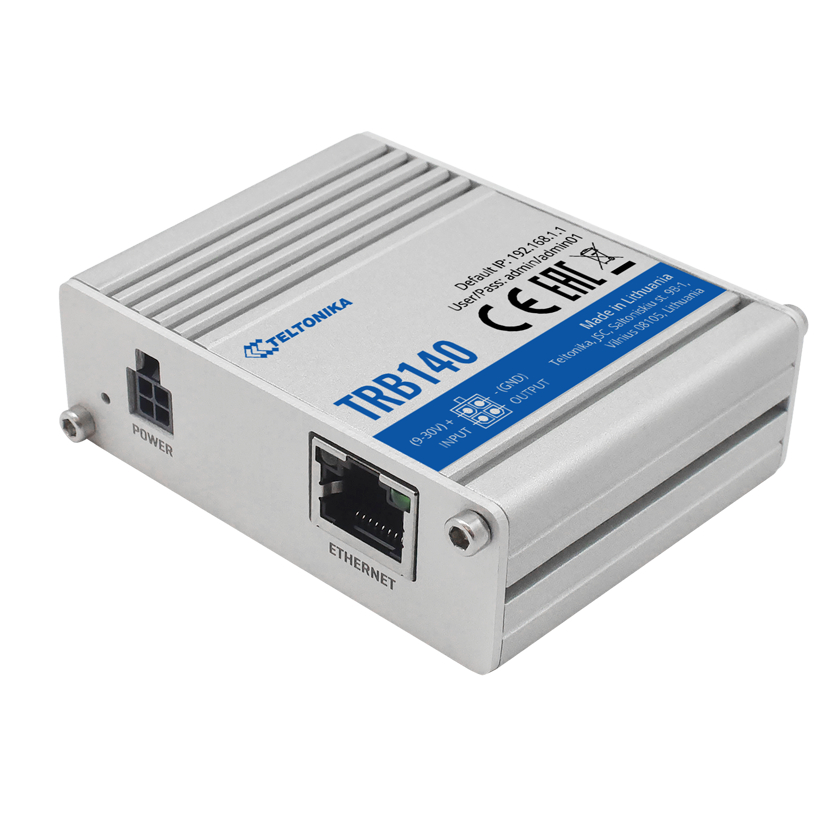 Teltonika TRB140 CAT 4 LTE gateway top front view. Mifi-hotspot.