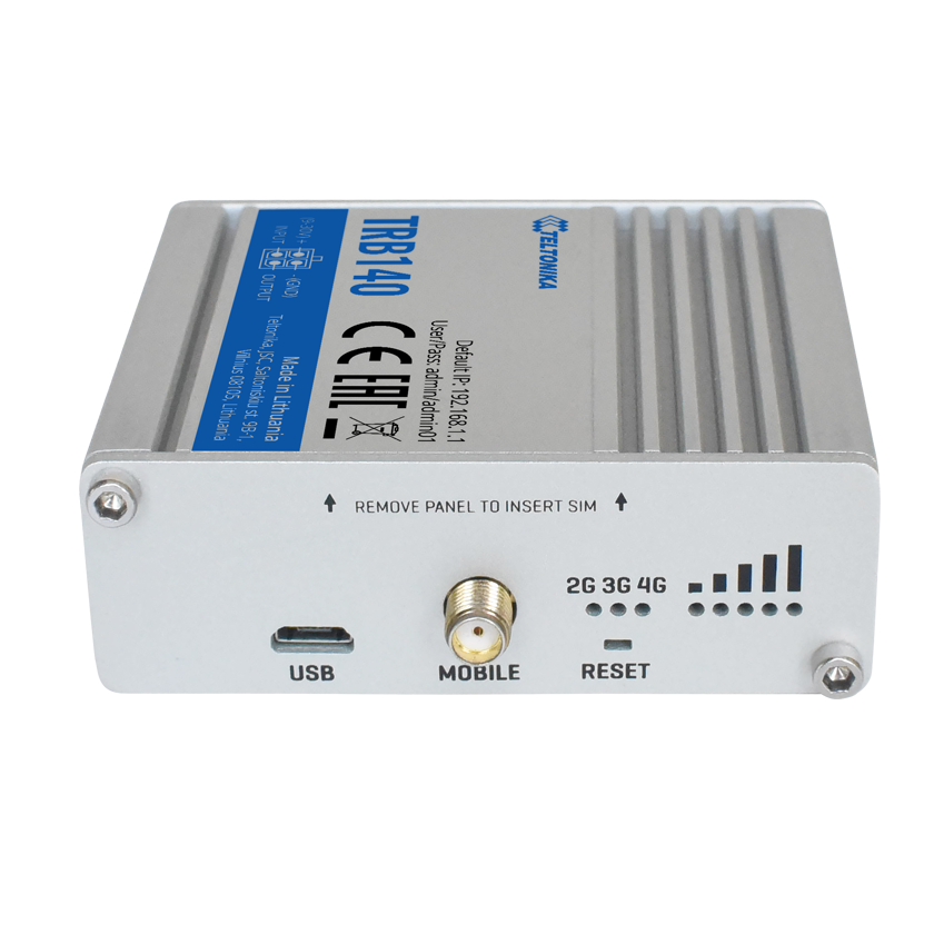 Teltonika TRB140 CAT 4 LTE gateway back view. Mifi-hotspot.