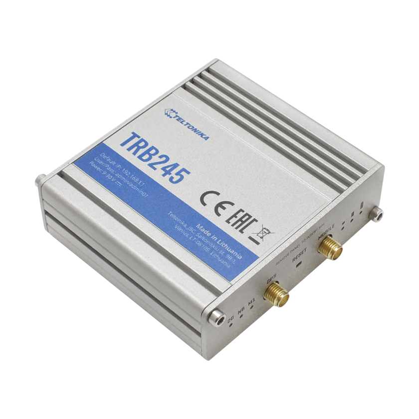 Teltonika TRB245 CAT 4 LTE gateway top back view. GPS and mobile amtenna connector. Mifi-hotspot.