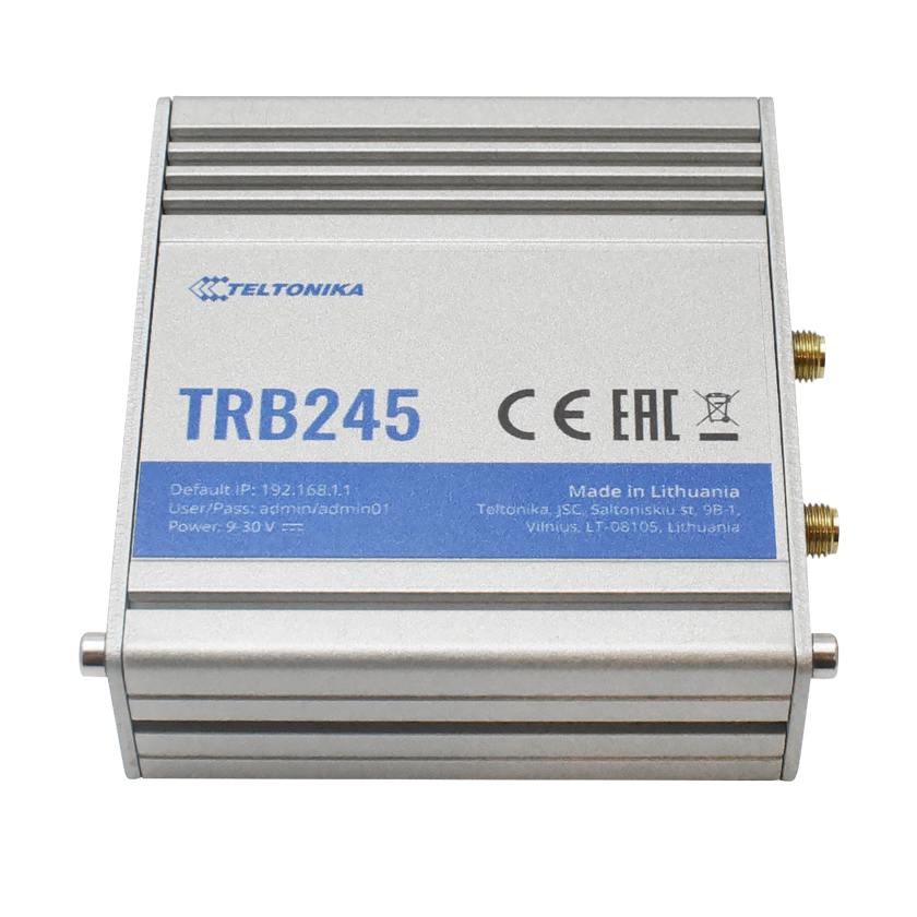 Teltonika TRB245 CAT 4 LTE gateway top view. Mifi-hotspot.