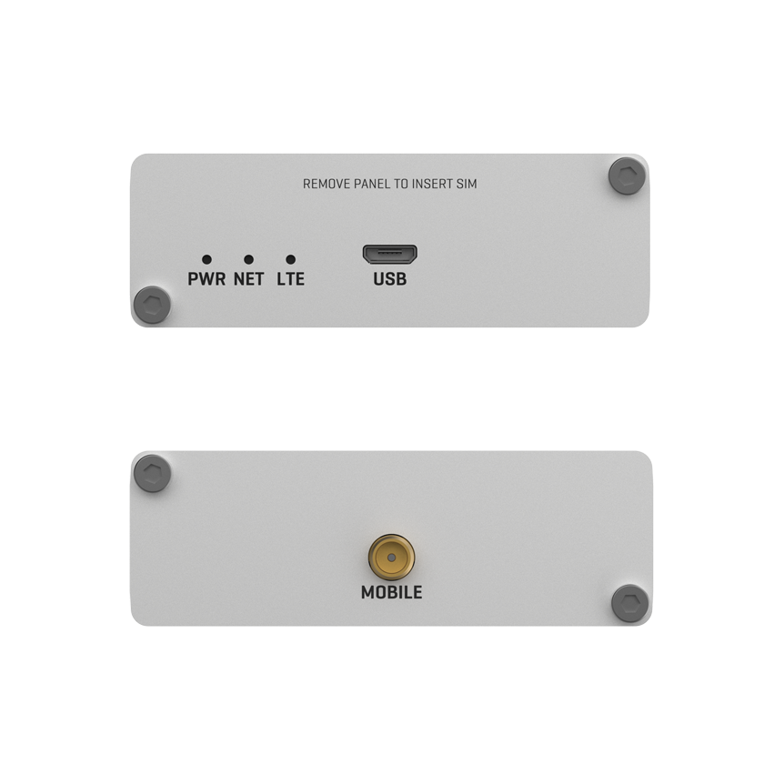 Teltonika TRM240 industrial CAT 1 modem front and back view. Mifi-hotspot.