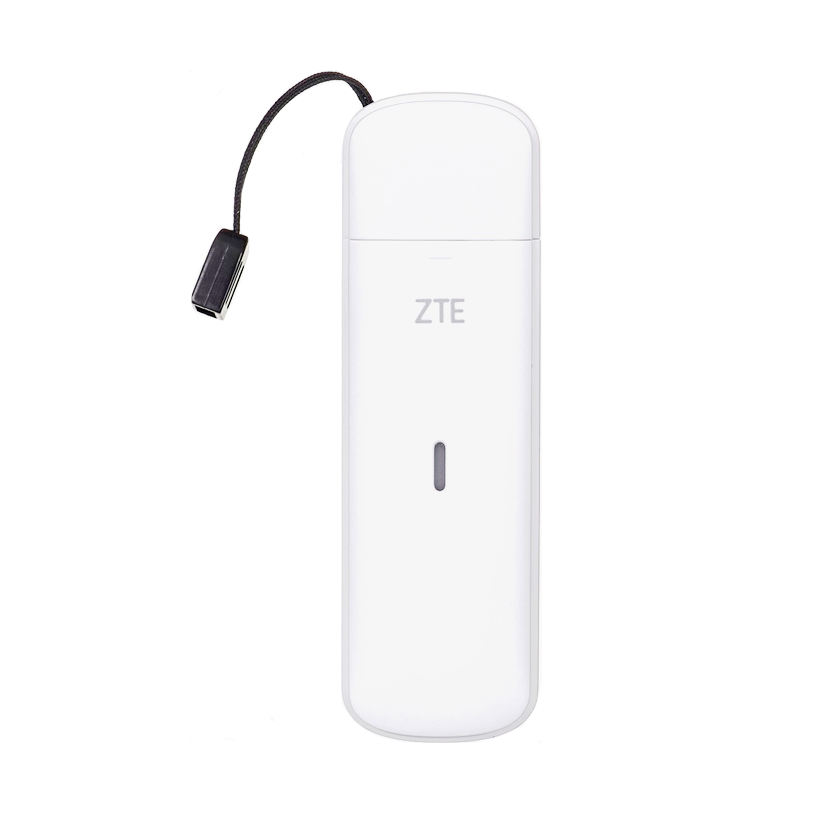 ZTE-MF833U1 front view with cord. 4G LTE USB modem.
