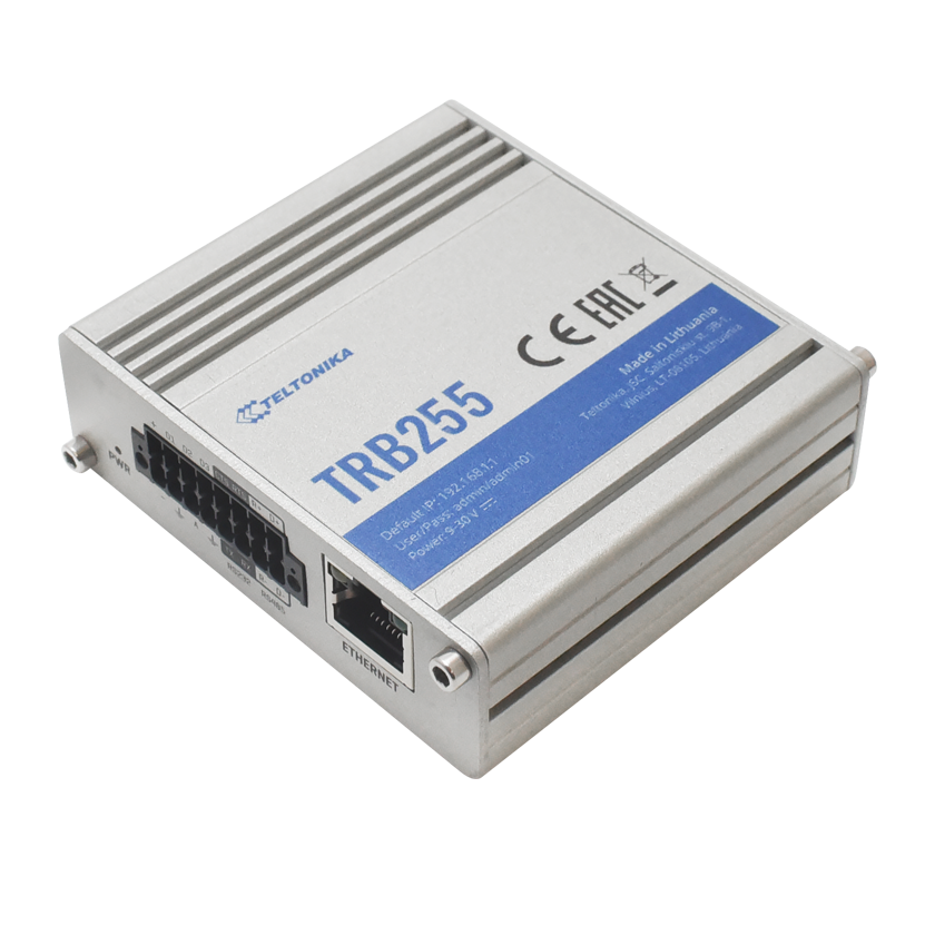 Teltonika TRB255 Industrial M2M LTE CAT 4 Gateway top front view. RS232, RS485 ports. Mifi-hotspot.