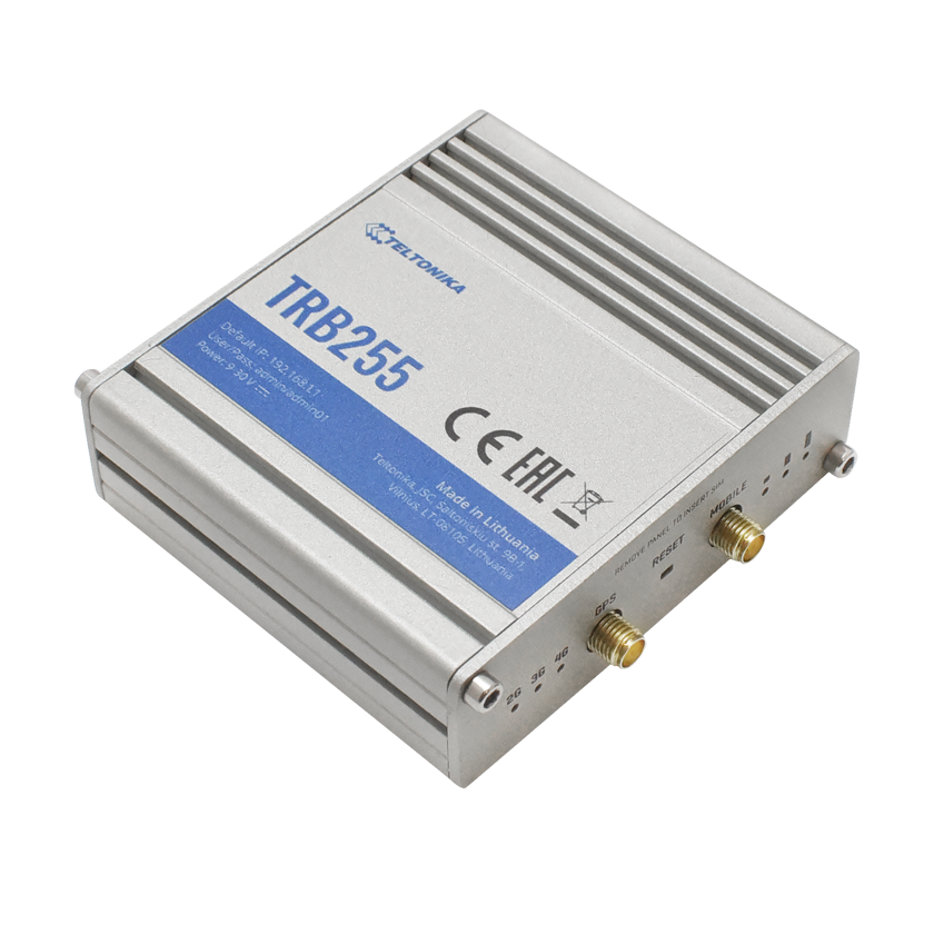 Teltonika TRB255 Industrial M2M LTE CAT 4 Gateway top back view. GPS and mobile antenna connector. Mifi-hotspot.