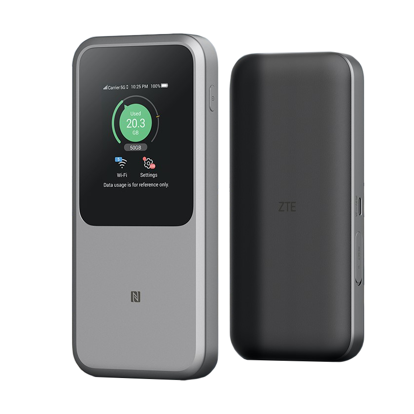 ZTE MU5120 mobile 5G Wi-Fi 6 hotspot front and back view. Mifi-hotspot.