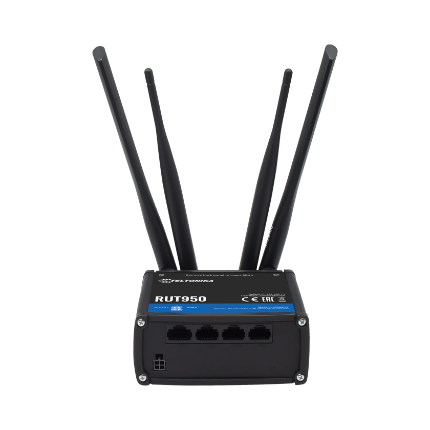 Teltonika RUT950 V2 Dual SIM and DUAL WAN M2M router 4G LTE. Front view with antennas.