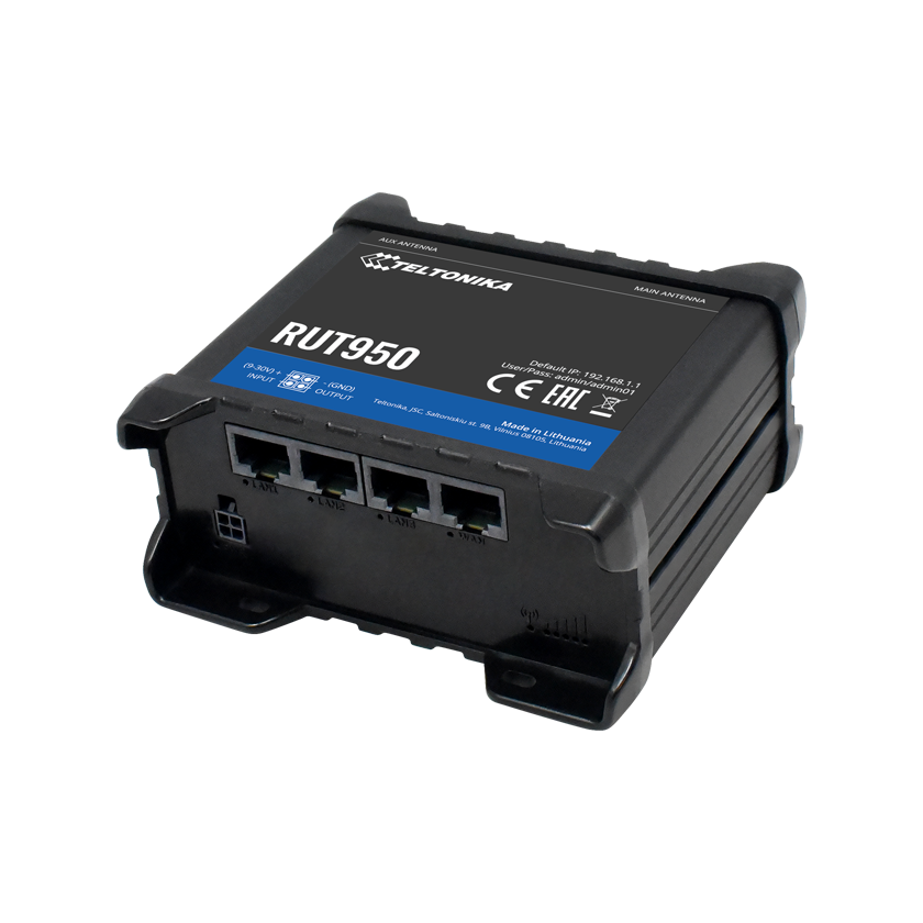 Teltonika RUT950 V2 Dual SIM and DUAL WAN M2M router 4G LTE.  Front top view.