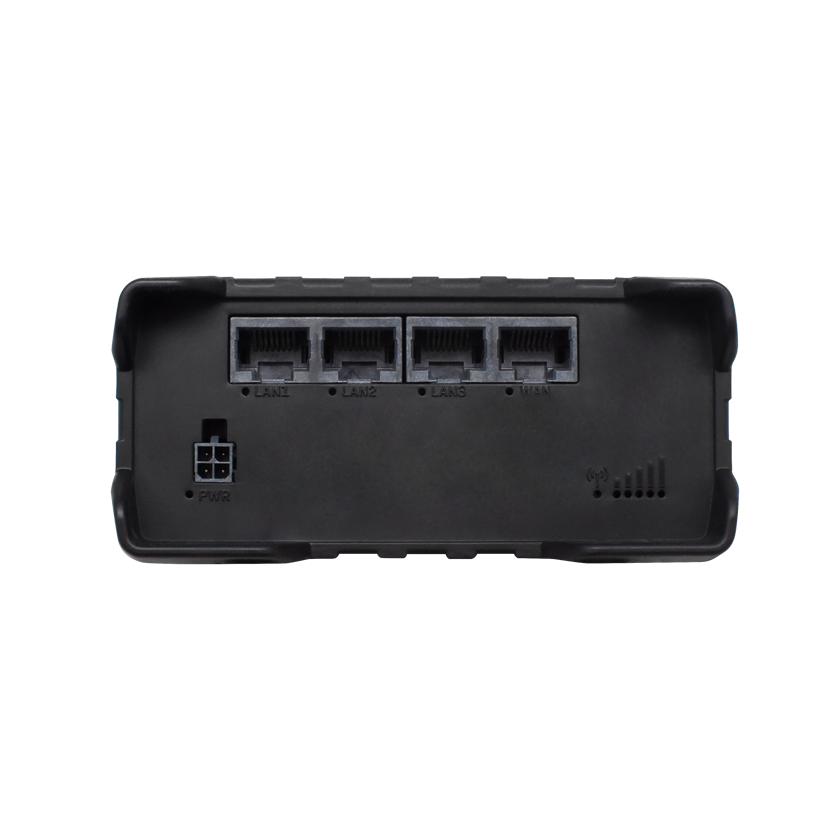 Teltonika RUT950 V2 Dual SIM and DUAL WAN M2M router 4G LTE. Front view. 4-pin Power connector, three LAN ports and one WAN port.