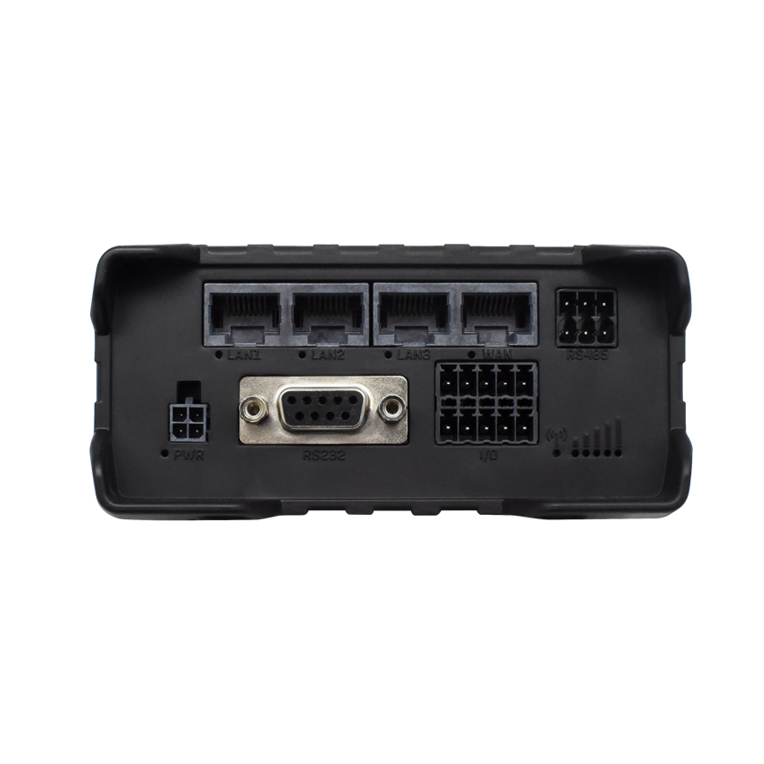 Teltonika RUT956 M2M CAT 4 router 4G LTE front view. 4-pin Power connector, RS232 port, RS485 port, I/O port, Three LAN ports and one WAN port.